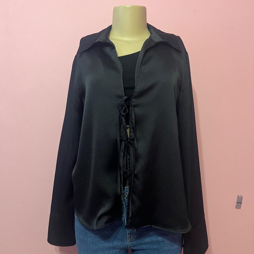 Wild Fable Black Satin Blouse with Tie Front